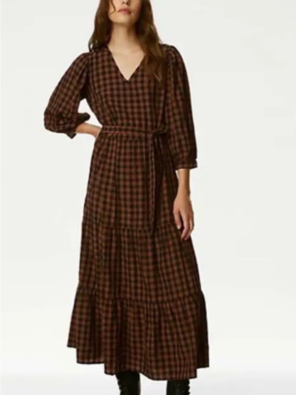 Marks & Spencer Brown and Black Checked Tiered Maxi Dress Peasant Gingham 10